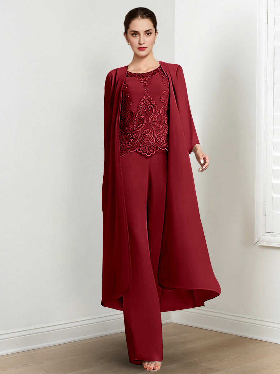 Tailleur-Pantalon en Mousseline à Col Rond et Longueur Au Sol pour Mère de la Mariée avec Veste et Applique