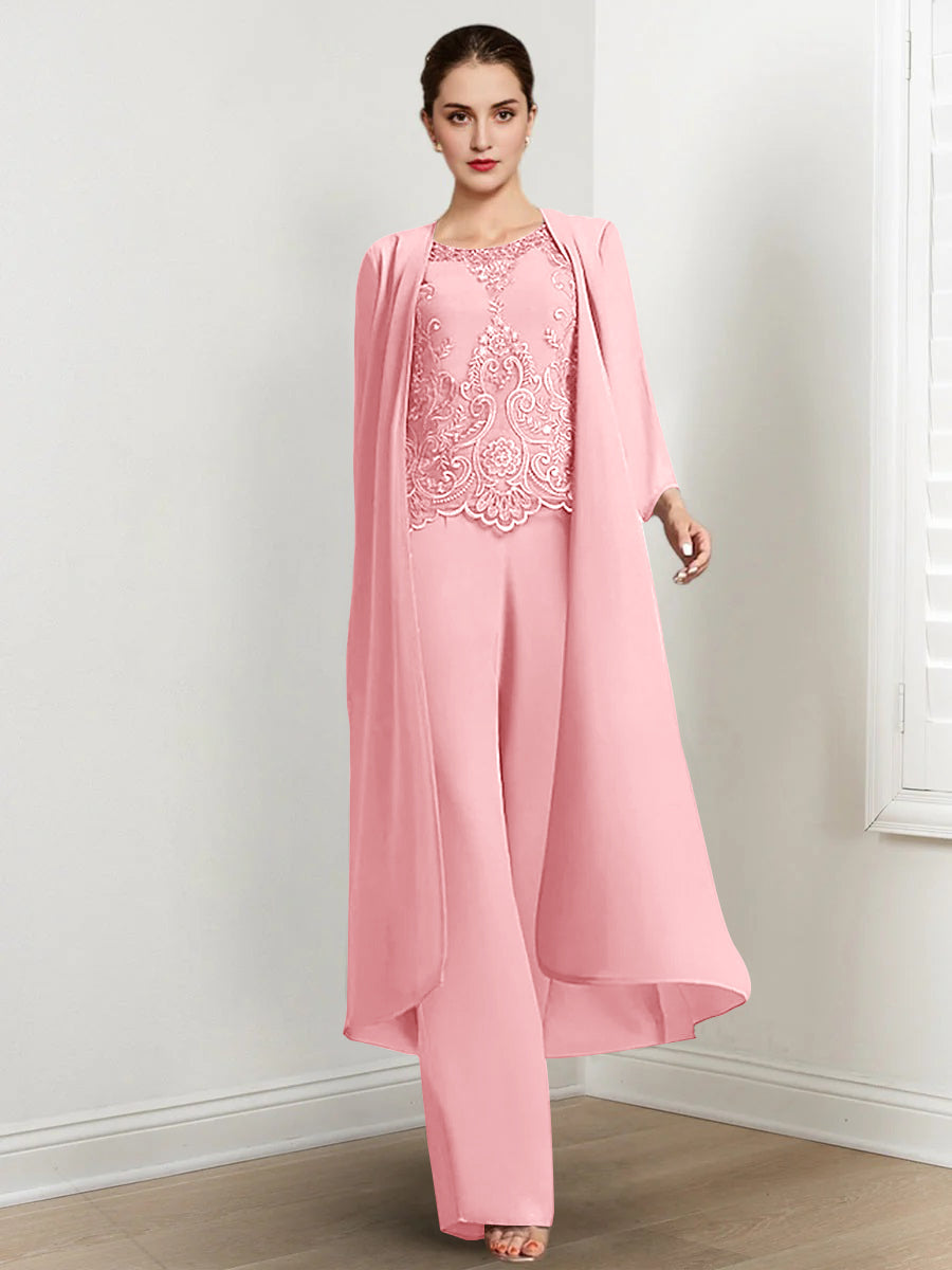 Tailleur-Pantalon en Mousseline à Col Rond et Longueur Au Sol pour Mère de la Mariée avec Veste et Applique