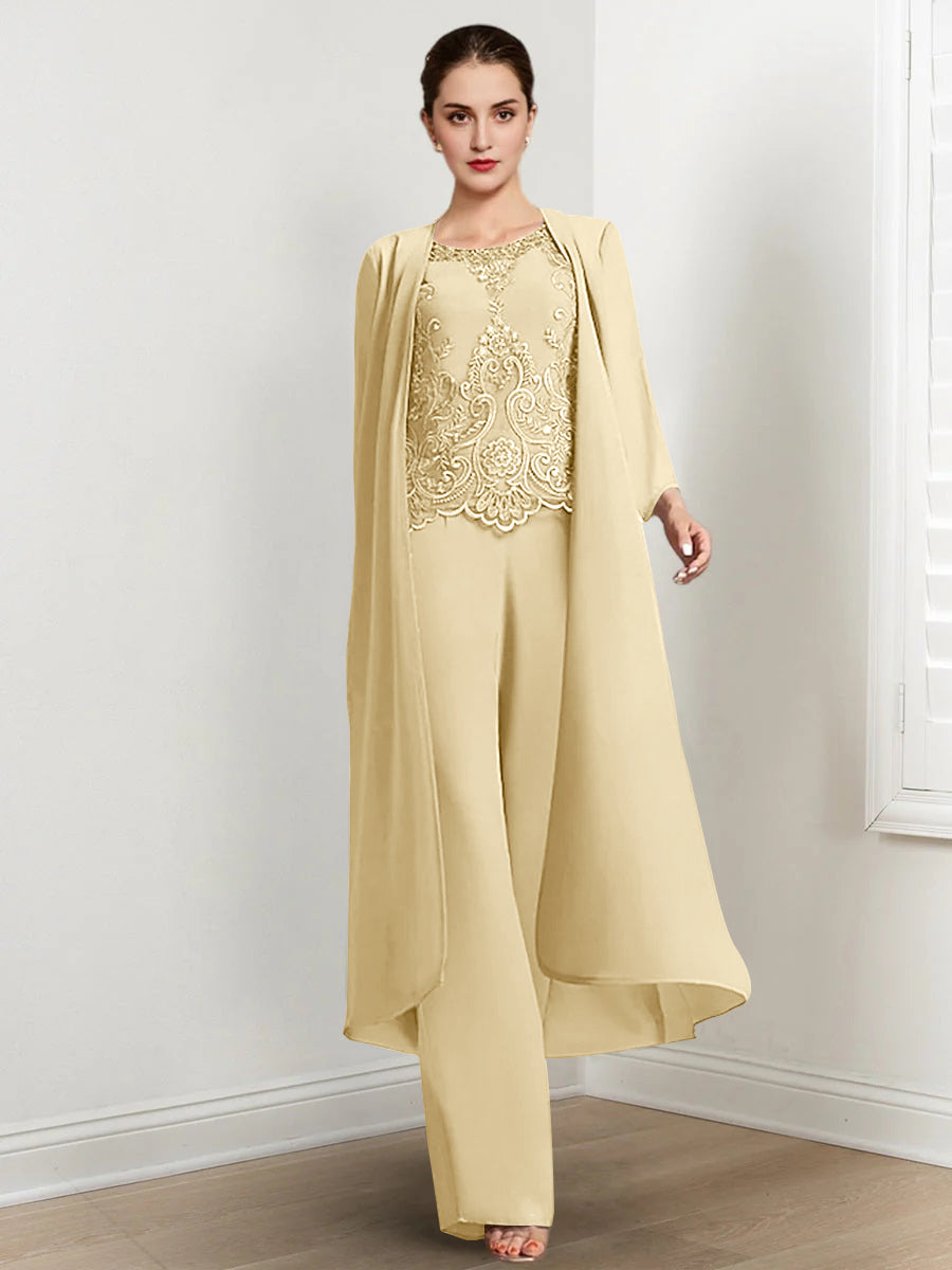 Tailleur-Pantalon en Mousseline à Col Rond et Longueur Au Sol pour Mère de la Mariée avec Veste et Applique