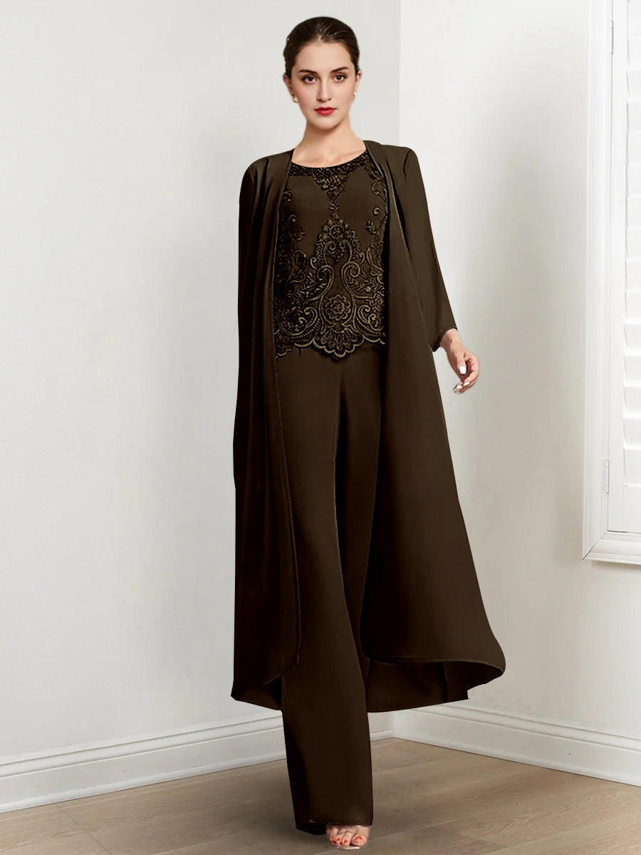 Tailleur-Pantalon en Mousseline à Col Rond et Longueur Au Sol pour Mère de la Mariée avec Veste et Applique