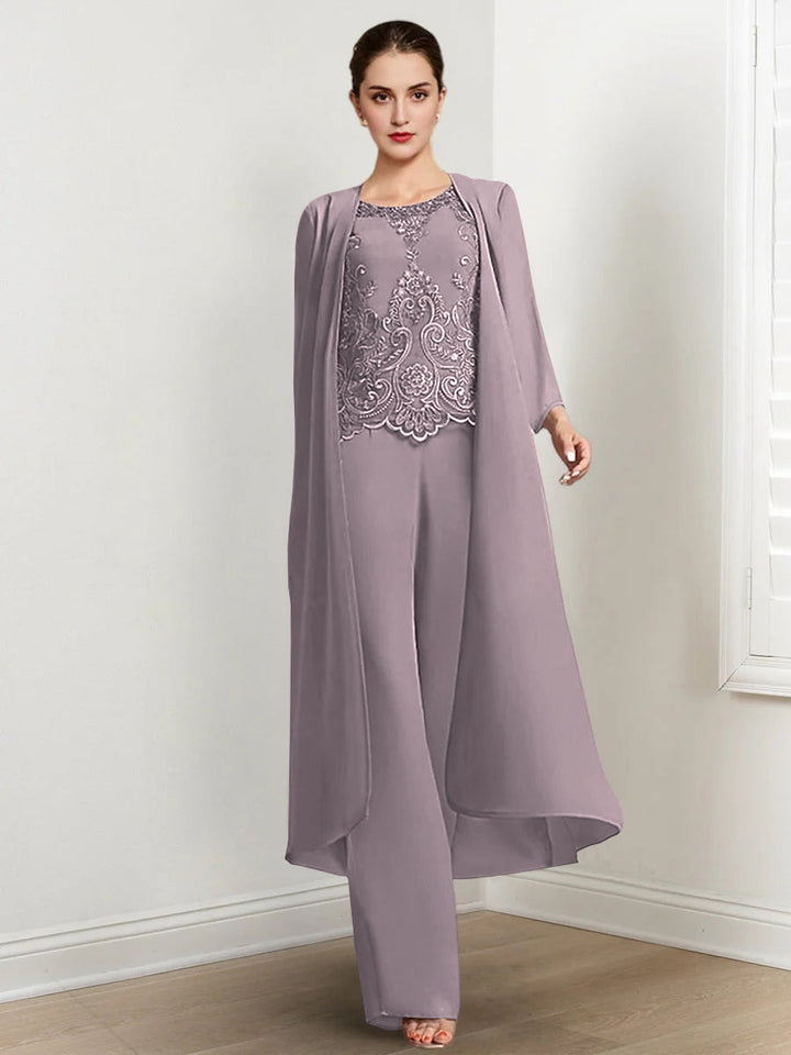 Tailleur-Pantalon en Mousseline à Col Rond et Longueur Au Sol pour Mère de la Mariée avec Veste et Applique