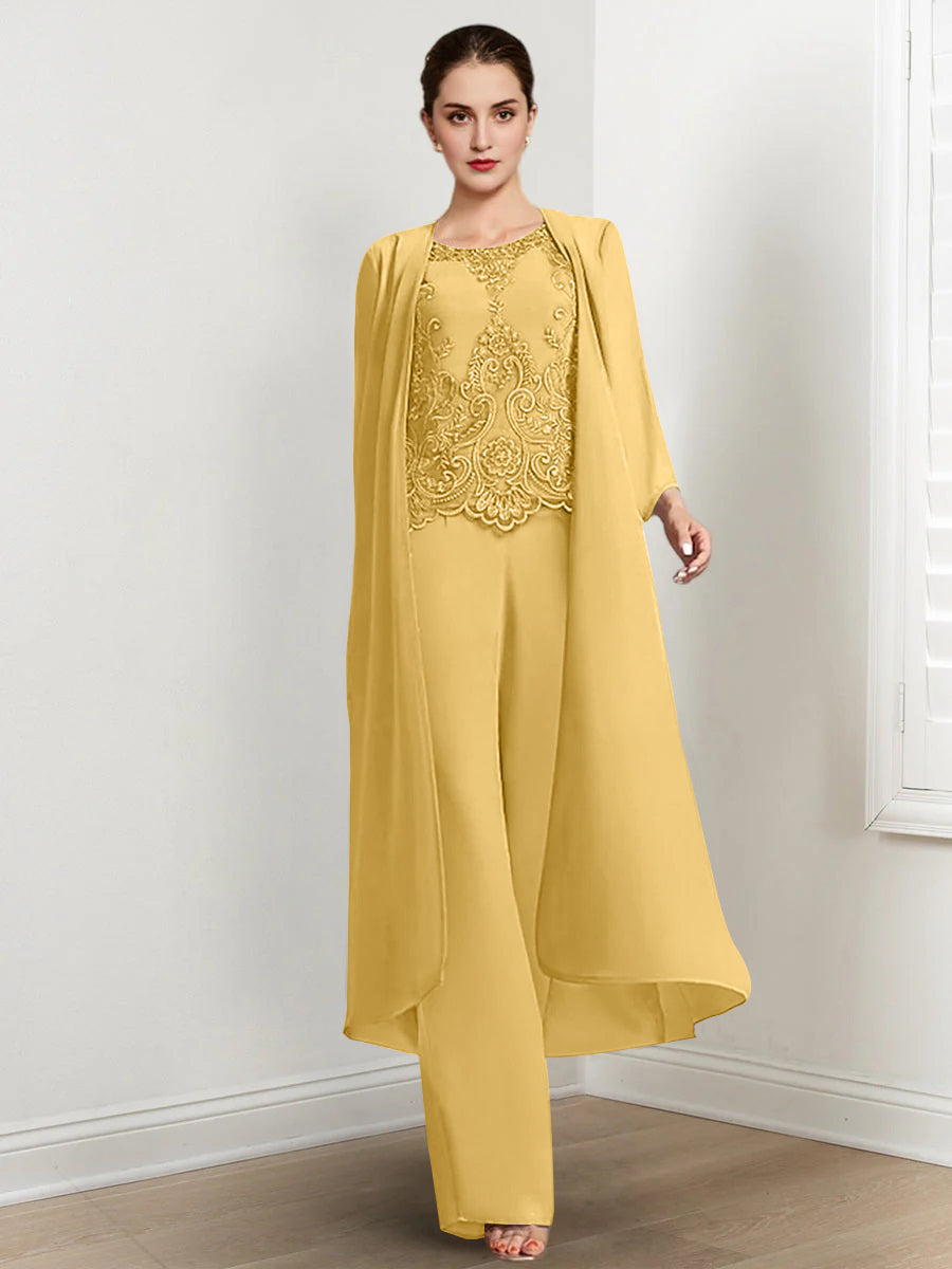 Tailleur-Pantalon en Mousseline à Col Rond et Longueur Au Sol pour Mère de la Mariée avec Veste et Applique