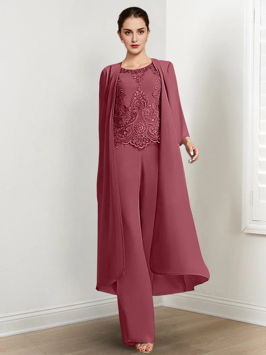 Tailleur-Pantalon en Mousseline à Col Rond et Longueur Au Sol pour Mère de la Mariée avec Veste et Applique
