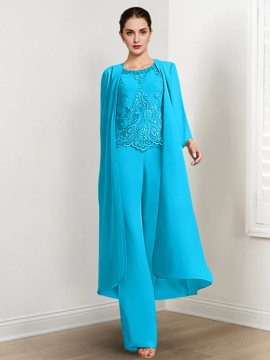 Tailleur-Pantalon en Mousseline à Col Rond et Longueur Au Sol pour Mère de la Mariée avec Veste et Applique