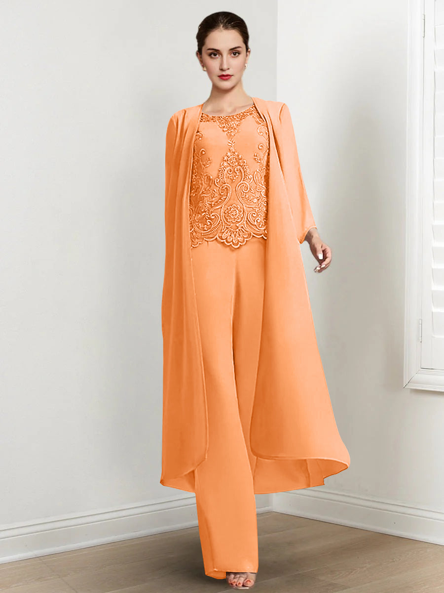 Tailleur-Pantalon en Mousseline à Col Rond et Longueur Au Sol pour Mère de la Mariée avec Veste et Applique