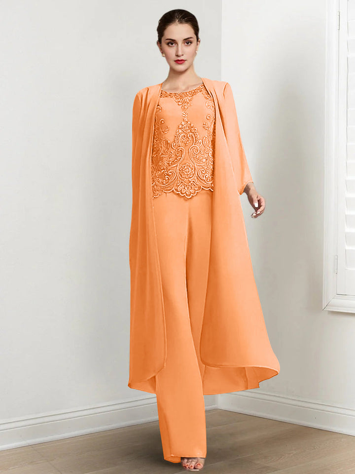 Tailleur-Pantalon en Mousseline à Col Rond et Longueur Au Sol pour Mère de la Mariée avec Veste et Applique