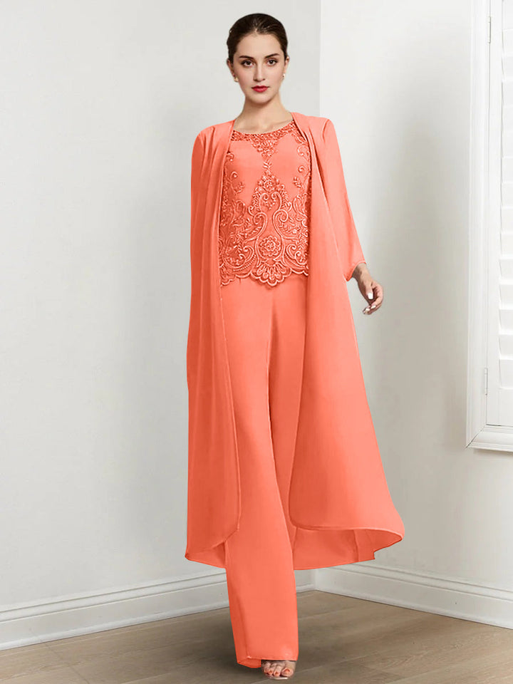 Tailleur-Pantalon en Mousseline à Col Rond et Longueur Au Sol pour Mère de la Mariée avec Veste et Applique
