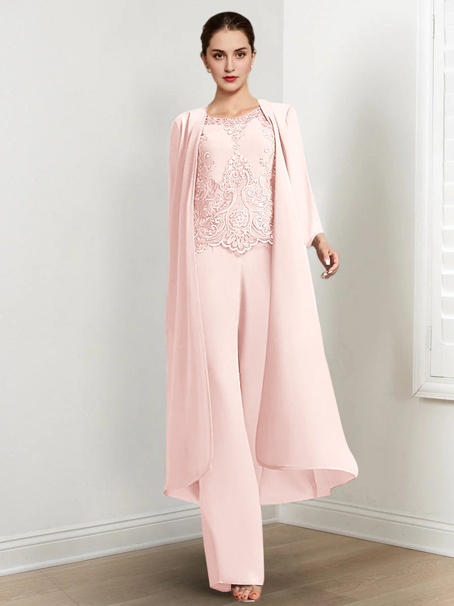 Tailleur-Pantalon en Mousseline à Col Rond et Longueur Au Sol pour Mère de la Mariée avec Veste et Applique