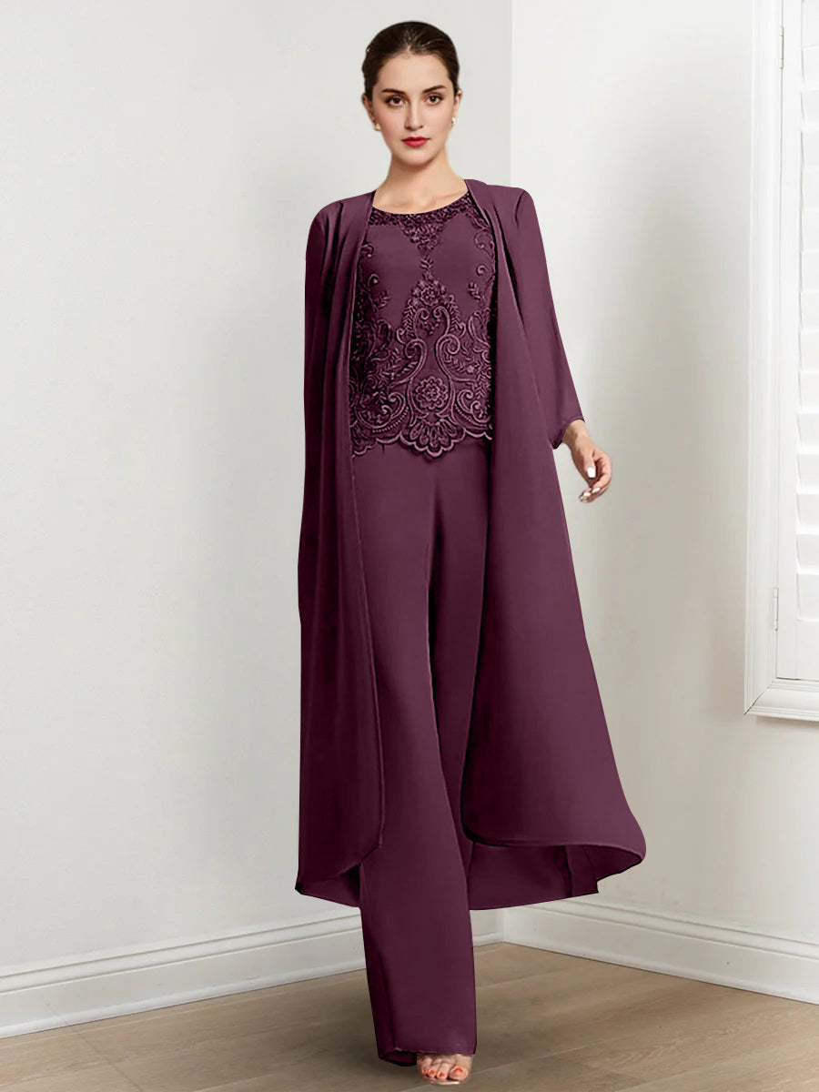 Tailleur-Pantalon en Mousseline à Col Rond et Longueur Au Sol pour Mère de la Mariée avec Veste et Applique