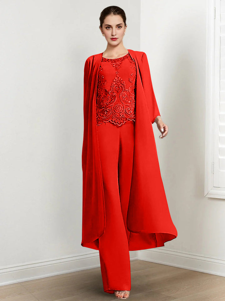 Tailleur-Pantalon en Mousseline à Col Rond et Longueur Au Sol pour Mère de la Mariée avec Veste et Applique