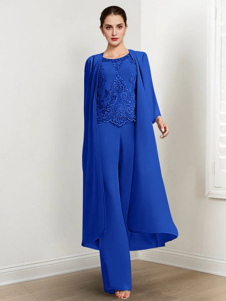 Tailleur-Pantalon en Mousseline à Col Rond et Longueur Au Sol pour Mère de la Mariée avec Veste et Applique