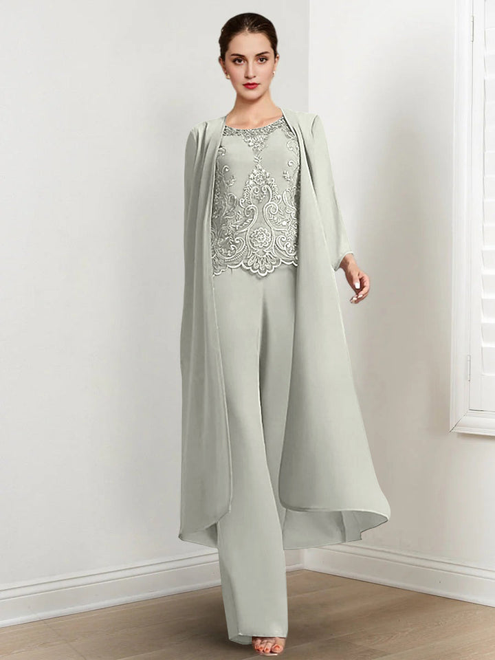 Tailleur-Pantalon en Mousseline à Col Rond et Longueur Au Sol pour Mère de la Mariée avec Veste et Applique