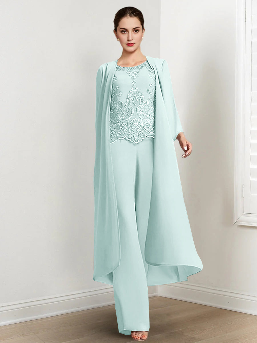 Tailleur-Pantalon en Mousseline à Col Rond et Longueur Au Sol pour Mère de la Mariée avec Veste et Applique