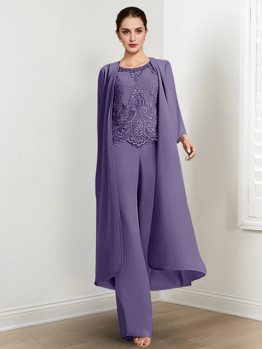 Tailleur-Pantalon en Mousseline à Col Rond et Longueur Au Sol pour Mère de la Mariée avec Veste et Applique
