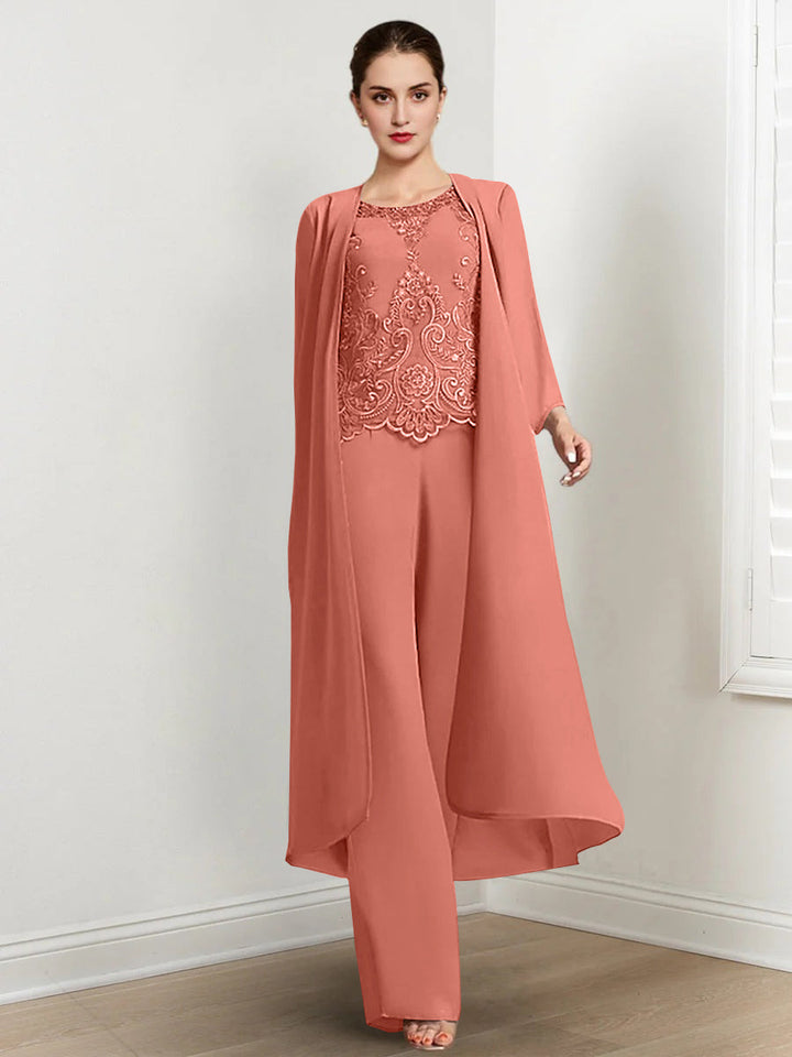 Tailleur-Pantalon en Mousseline à Col Rond et Longueur Au Sol pour Mère de la Mariée avec Veste et Applique