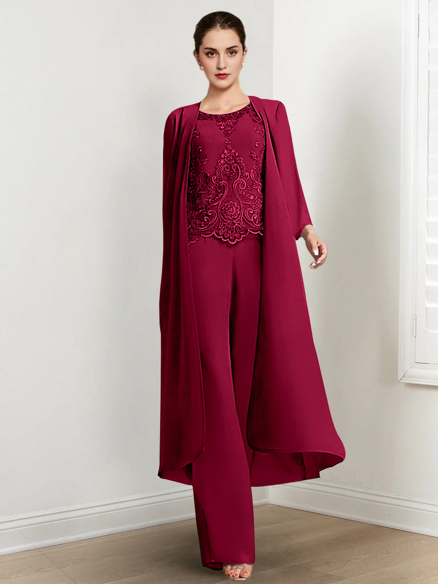 Tailleur-Pantalon en Mousseline à Col Rond et Longueur Au Sol pour Mère de la Mariée avec Veste et Applique