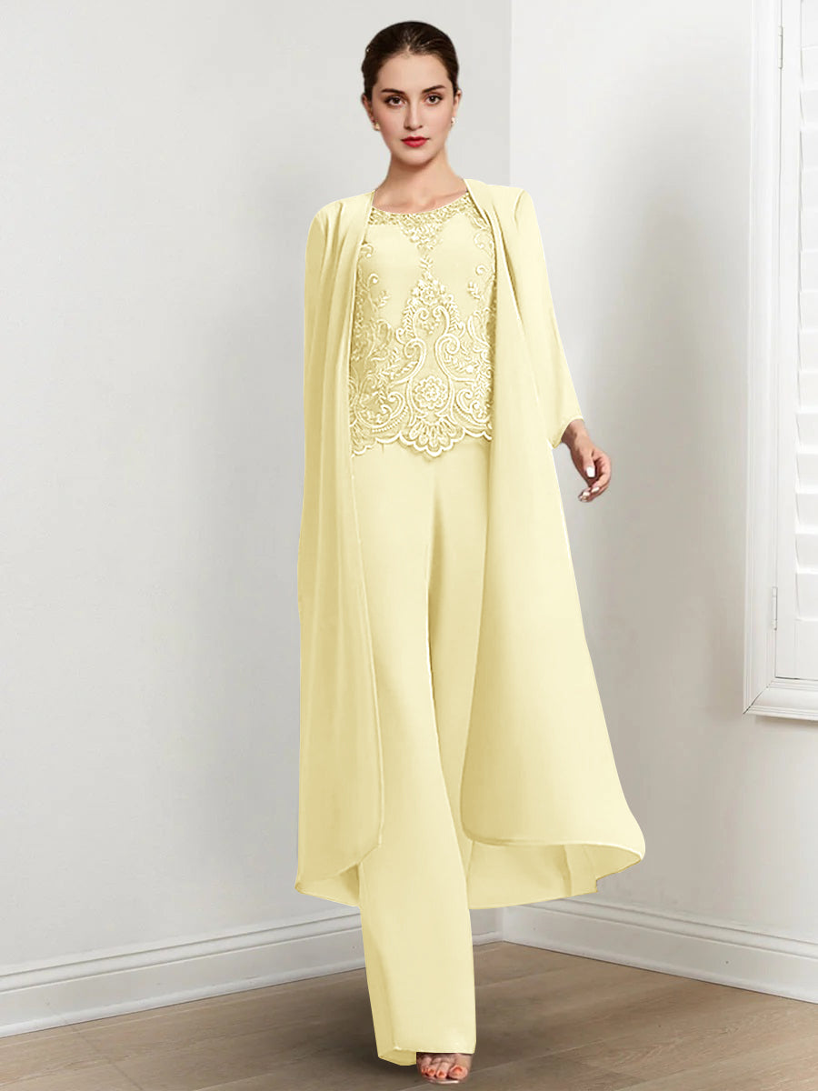 Tailleur-Pantalon en Mousseline à Col Rond et Longueur Au Sol pour Mère de la Mariée avec Veste et Applique