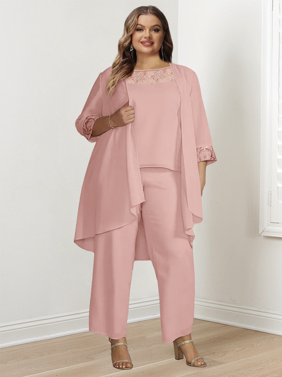 Tailleur-Pantalon en Mousseline de Soie à Manches Longues et Veste pour Mère de la Mariée Grande Taille