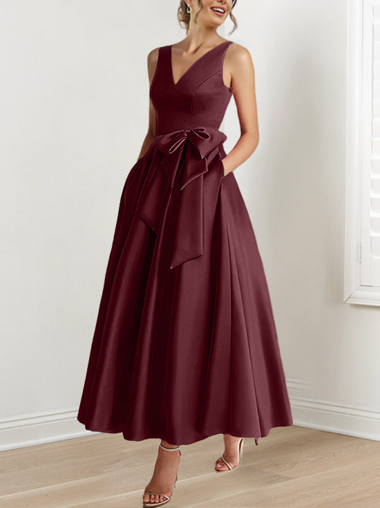 Robe de Mère de la Mariée Coupe A-Line/Princess, Col en V, Sans Manches, Longueur Cheville, avec Poches et Volants
