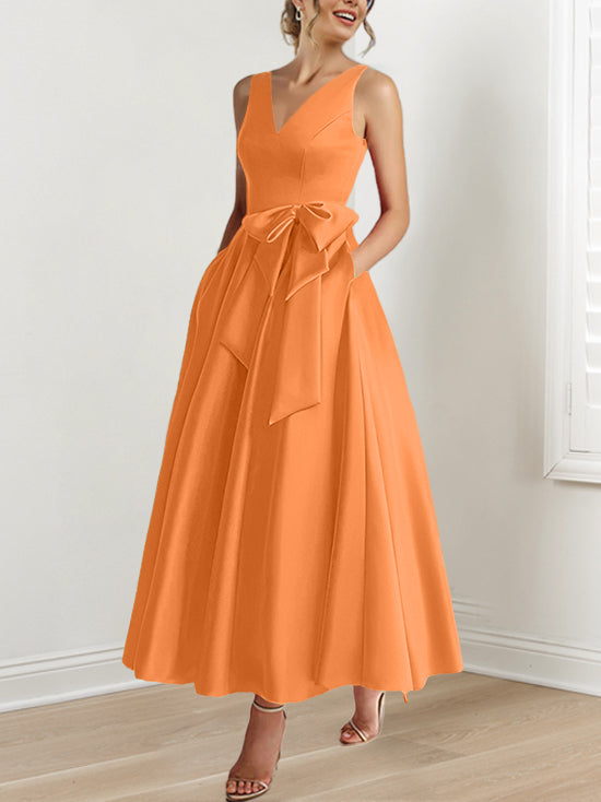 Robe de Mère de la Mariée Coupe A-Line/Princess, Col en V, Sans Manches, Longueur Cheville, avec Poches et Volants