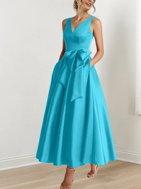 Robe de Mère de la Mariée Coupe A-Line/Princess, Col en V, Sans Manches, Longueur Cheville, avec Poches et Volants