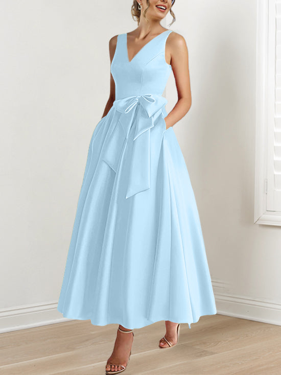 Robe de Mère de la Mariée Coupe A-Line/Princess, Col en V, Sans Manches, Longueur Cheville, avec Poches et Volants