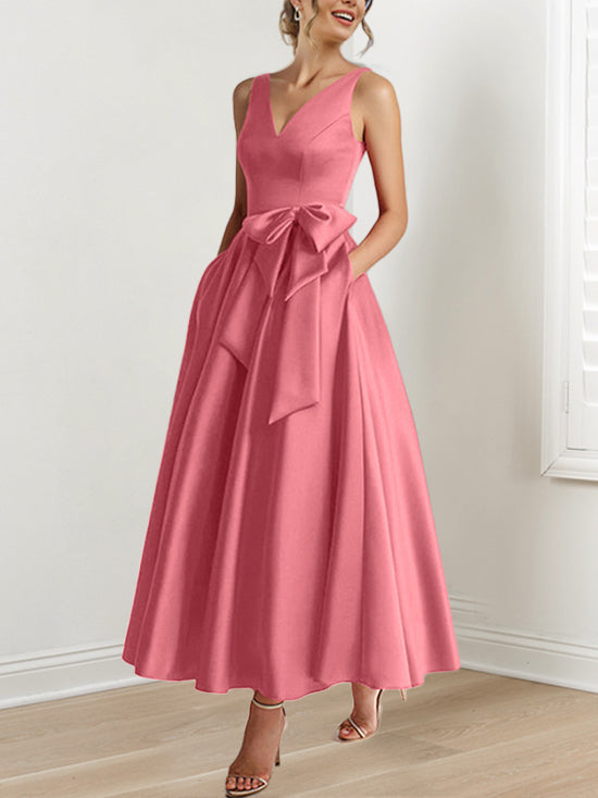 Robe de Mère de la Mariée Coupe A-Line/Princess, Col en V, Sans Manches, Longueur Cheville, avec Poches et Volants