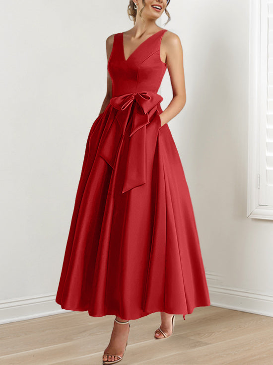 Robe de Mère de la Mariée Coupe A-Line/Princess, Col en V, Sans Manches, Longueur Cheville, avec Poches et Volants