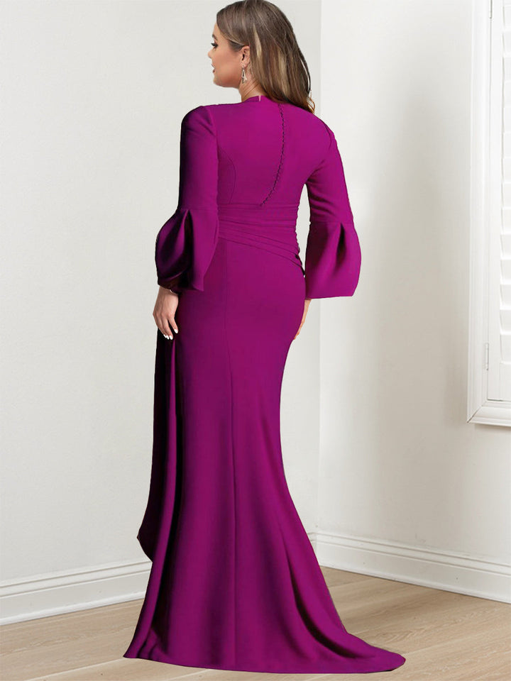 Robe de Mère de la Mariée Fourreau/Colonne à Col en V et Manches Longues, Longueur Au Sol, avec Fente Sur le Côté