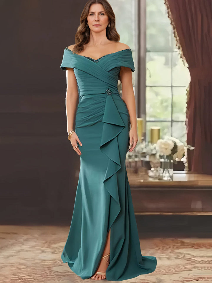 Robe de Mère de la Mariée Fourreau/Colonne à Épaules Dénudées Sans Manches, Longueur Au Sol, avec Volants