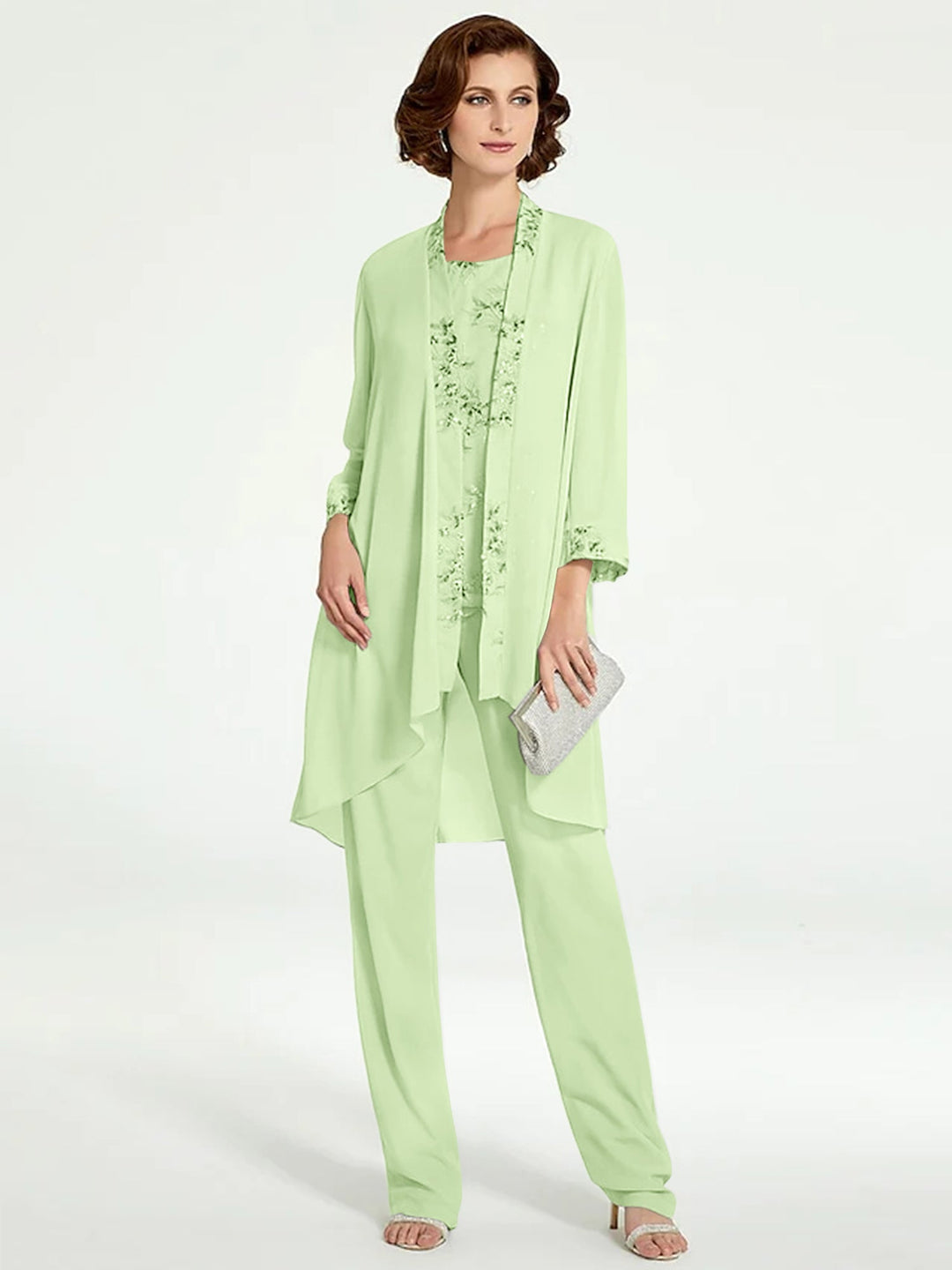 Tailleur-Pantalon en Mousseline à Col Rond et Longueur Au Sol pour Mère de la Mariée avec Veste
