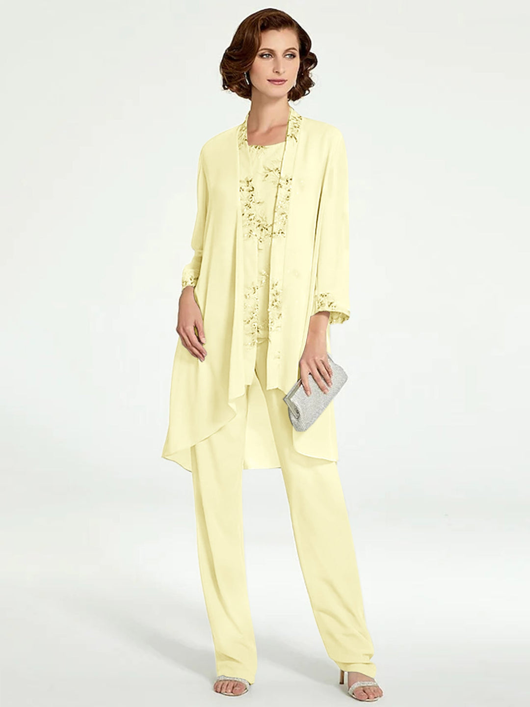 Tailleur-Pantalon en Mousseline à Col Rond et Longueur Au Sol pour Mère de la Mariée avec Veste
