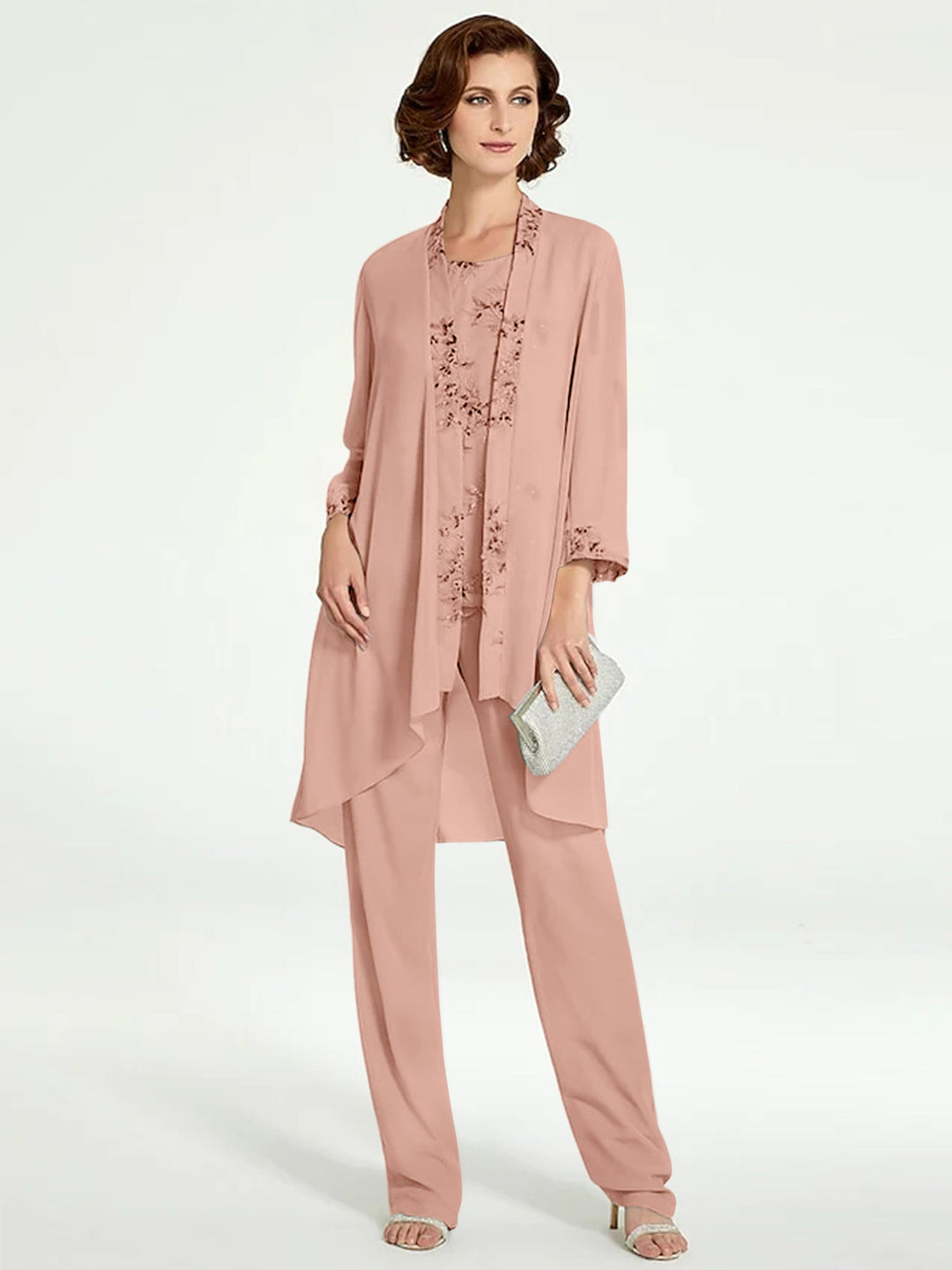 Tailleur-Pantalon en Mousseline à Col Rond et Longueur Au Sol pour Mère de la Mariée avec Veste