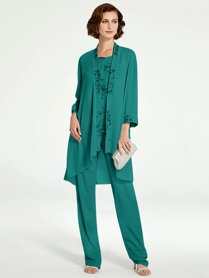 Tailleur-Pantalon en Mousseline à Col Rond et Longueur Au Sol pour Mère de la Mariée avec Veste