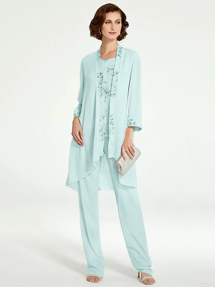 Tailleur-Pantalon en Mousseline à Col Rond et Longueur Au Sol pour Mère de la Mariée avec Veste