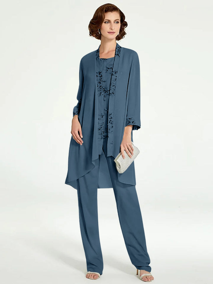 Tailleur-Pantalon en Mousseline à Col Rond et Longueur Au Sol pour Mère de la Mariée avec Veste