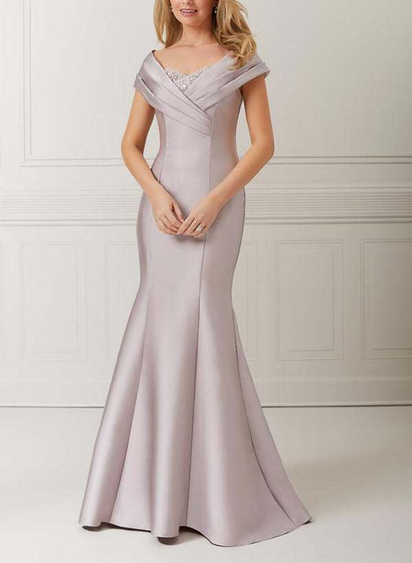 Robe de Mère de la Mariée en Satin à Épaules Dénudées, Style Trompette/Sirène, avec Appliques et Perles