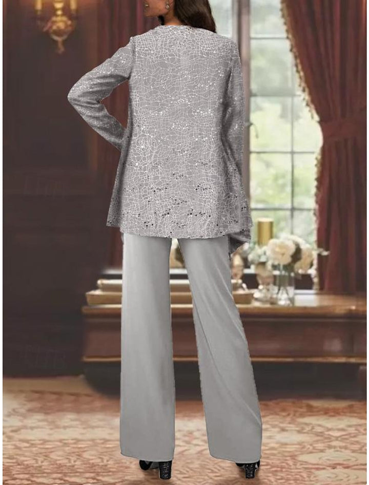 Tailleur-Pantalon en Mousseline de Soie pour Mère de la Mariée avec Veste et Paillettes