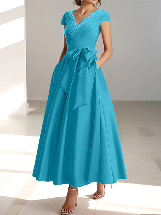 Robe de Mère de la Mariée Coupe A-Line/Princess, Col en V, Manches Courtes, Longueur Cheville, avec Poches et Volants