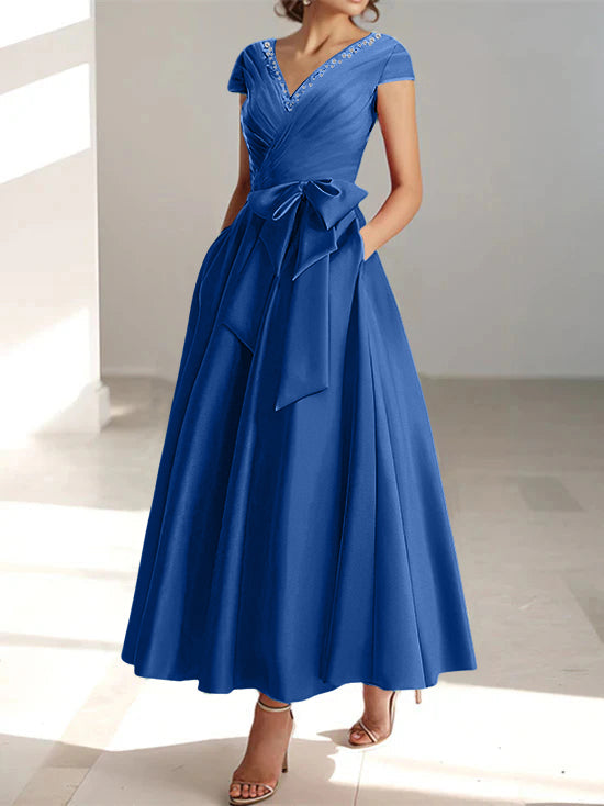 Robe de Mère de la Mariée Coupe A-Line/Princess, Col en V, Manches Courtes, Longueur Cheville, avec Poches et Volants