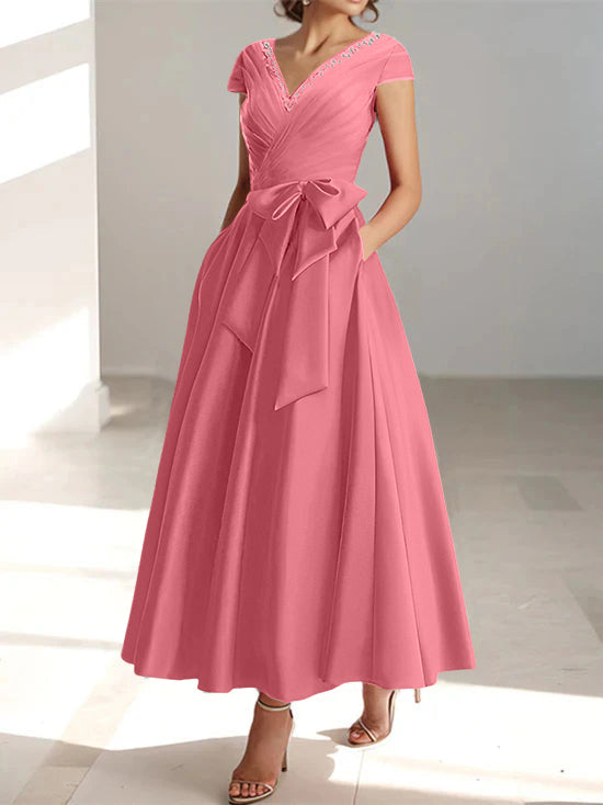 Robe de Mère de la Mariée Coupe A-Line/Princess, Col en V, Manches Courtes, Longueur Cheville, avec Poches et Volants