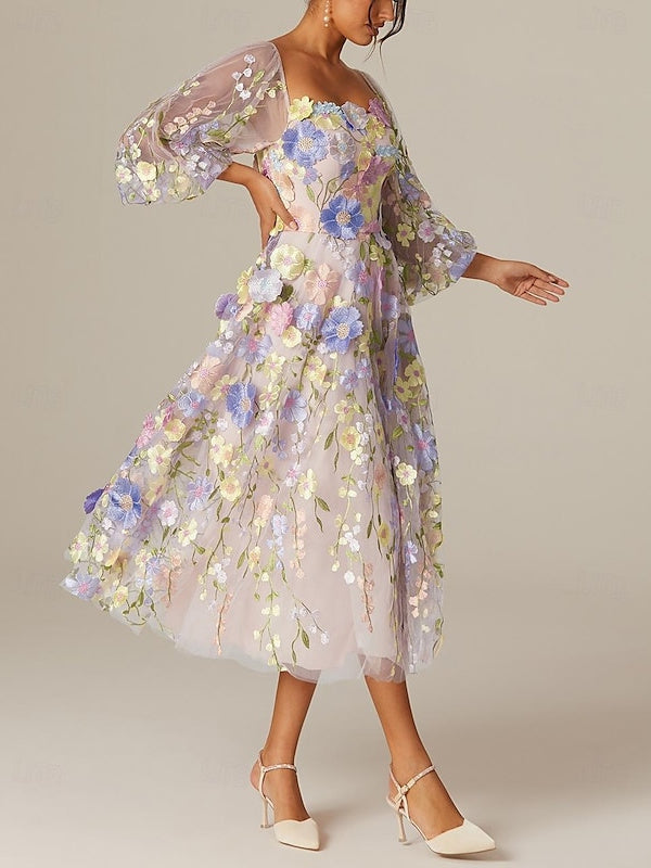Robe de Mère de la Mariée Coupe A-Line/Princess à Manches Longues et Col Carré avec Appliques