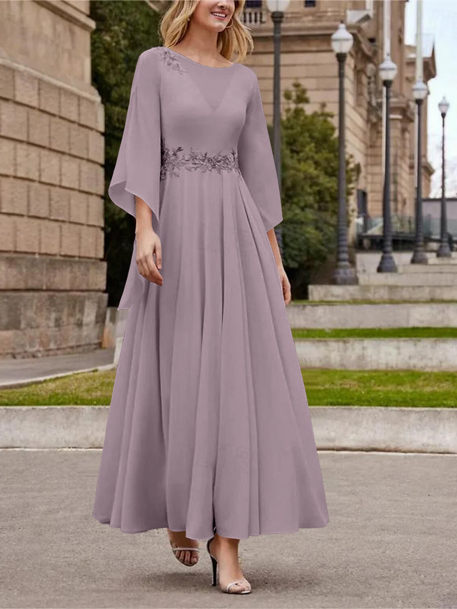 Robe de Mère de la Mariée Coupe A-Line/Princess à Col en V et Manches 3/4, Longueur Cheville, avec Paillettes