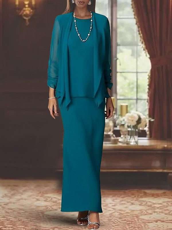 Robe de Mère de la Mariée Fourreau/Colonne à Col Rond et Manches Longues, Longueur Au Sol, avec Veste