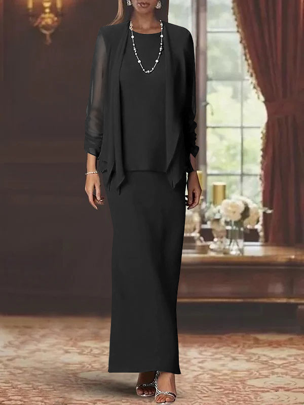 Robe de Mère de la Mariée Fourreau/Colonne à Col Rond et Manches Longues, Longueur Au Sol, avec Veste