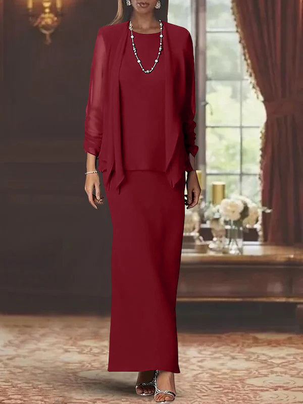 Robe de Mère de la Mariée Fourreau/Colonne à Col Rond et Manches Longues, Longueur Au Sol, avec Veste