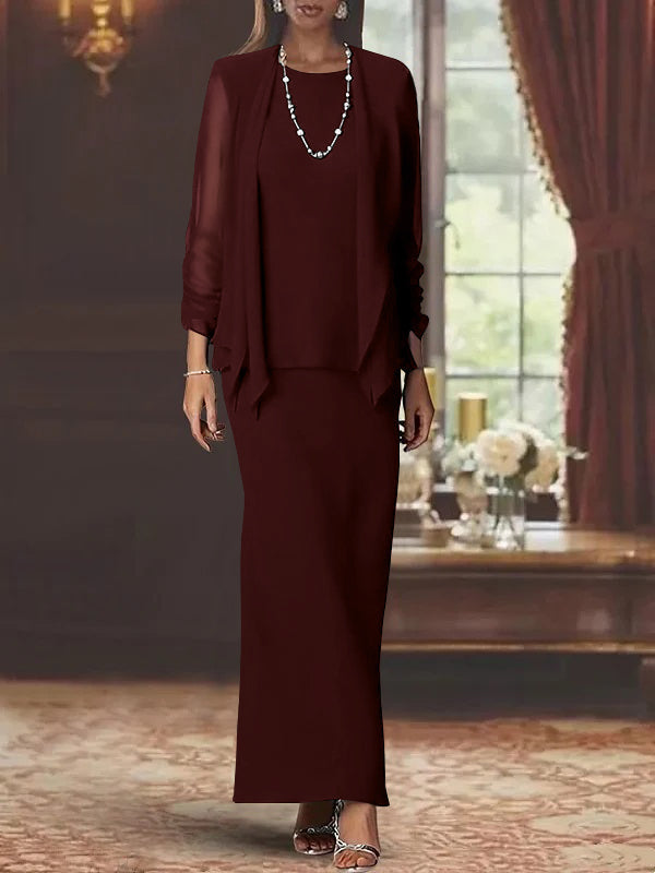Robe de Mère de la Mariée Fourreau/Colonne à Col Rond et Manches Longues, Longueur Au Sol, avec Veste