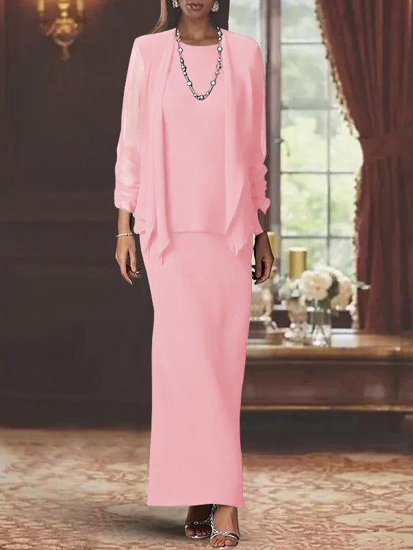 Robe de Mère de la Mariée Fourreau/Colonne à Col Rond et Manches Longues, Longueur Au Sol, avec Veste