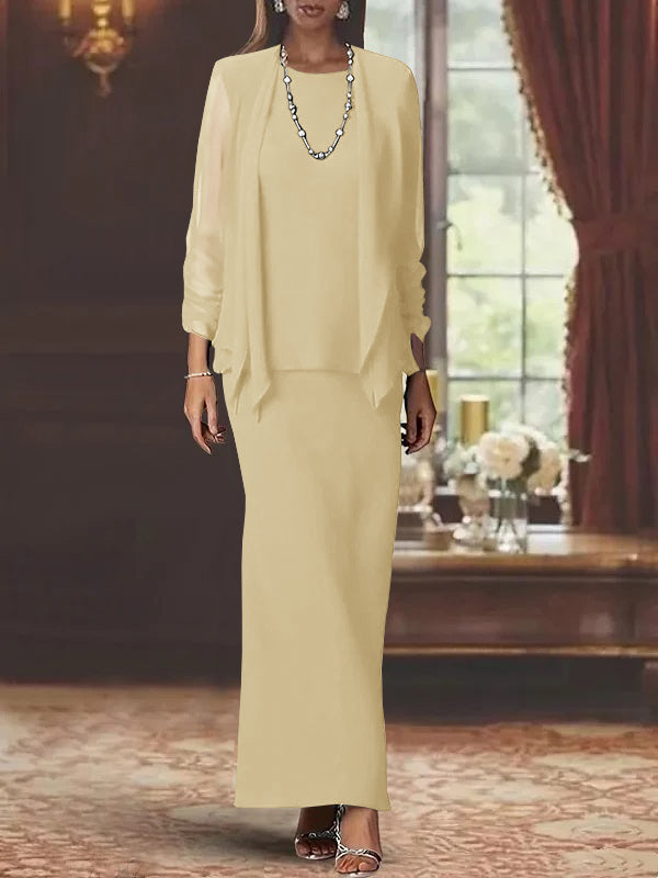 Robe de Mère de la Mariée Fourreau/Colonne à Col Rond et Manches Longues, Longueur Au Sol, avec Veste