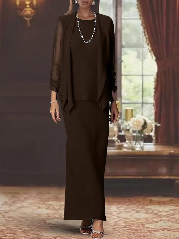 Robe de Mère de la Mariée Fourreau/Colonne à Col Rond et Manches Longues, Longueur Au Sol, avec Veste